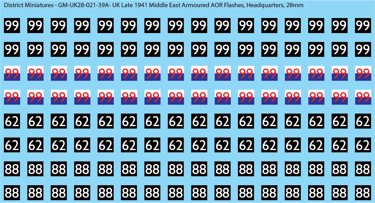 WW2 British - UK Late 1941 Middle East Armor AOR Flashes (Multiple Options), 28mm Decals