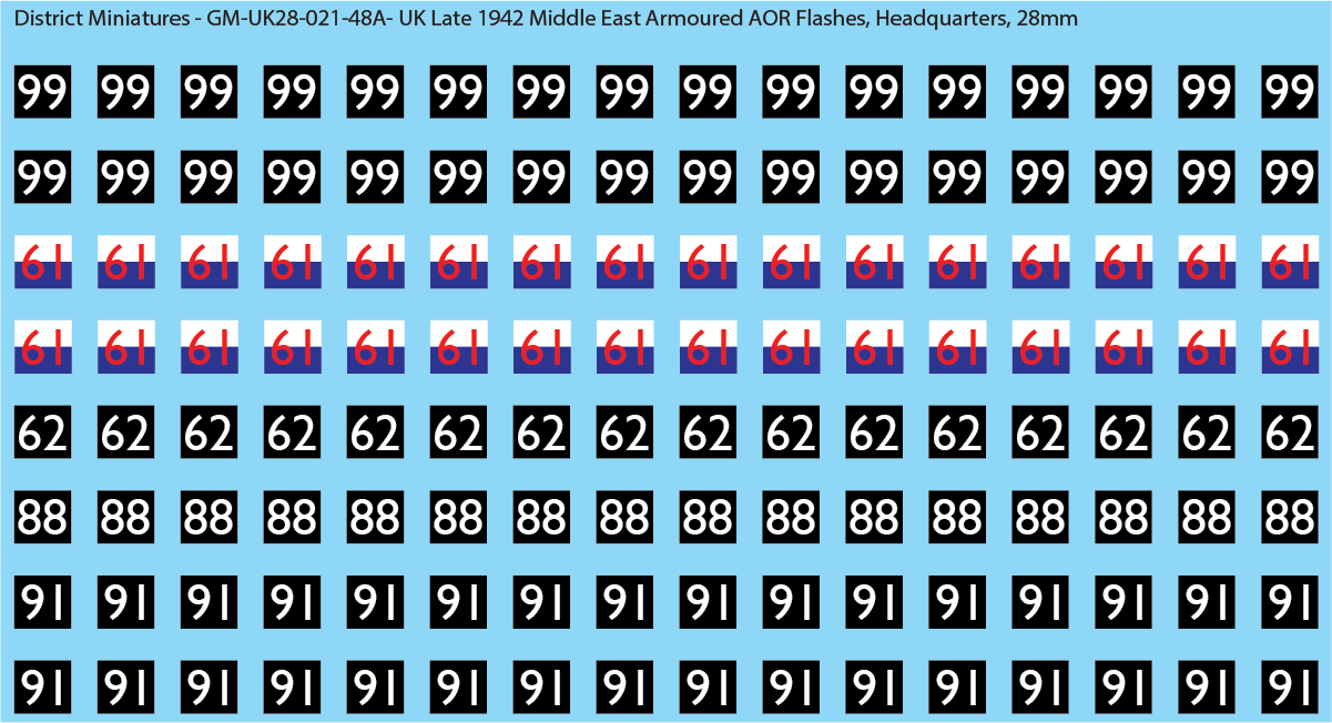 WW2 British - UK Late 1942 Middle East Armor AOR Flashes (Multiple Options), 28mm Decals