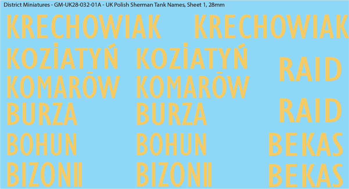 WW2 British - UK Polish Sherman Tank Names, 28mm Decals