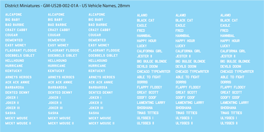 WW2 US Vehicle Names, 15mm Decals