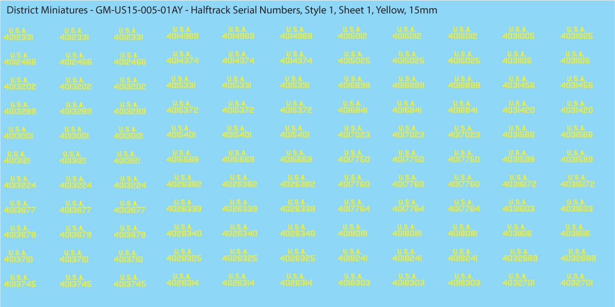 WW2 US Halftrack Vehicle Numbers, 15mm Decals
