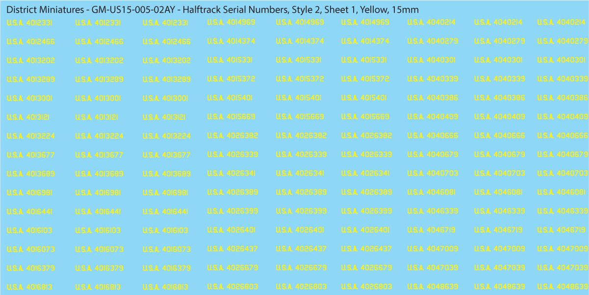 WW2 US Halftrack Vehicle Numbers, 15mm Decals