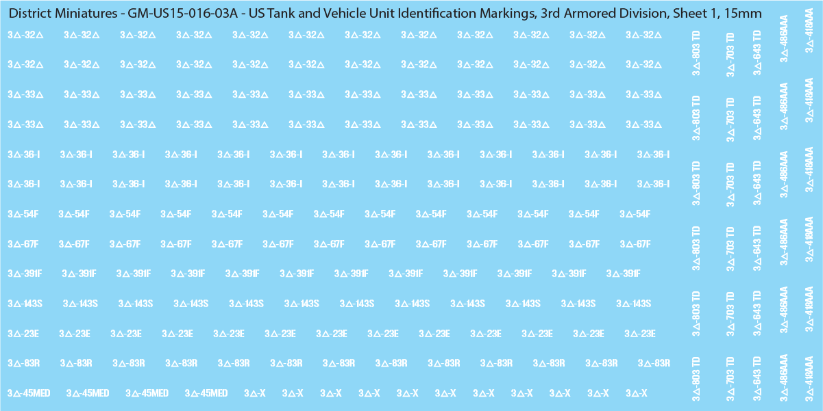 WW2 US - US Tanks and Vehicle Unit Identification Markings, 15mm Decals