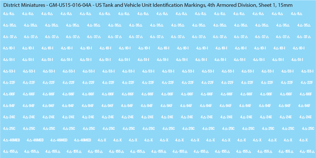 WW2 US - US Tanks and Vehicle Unit Identification Markings, 15mm Decals