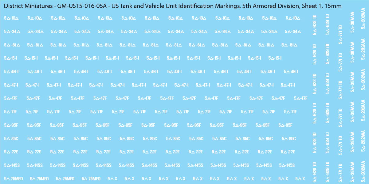 WW2 US - US Tanks and Vehicle Unit Identification Markings, 15mm Decals