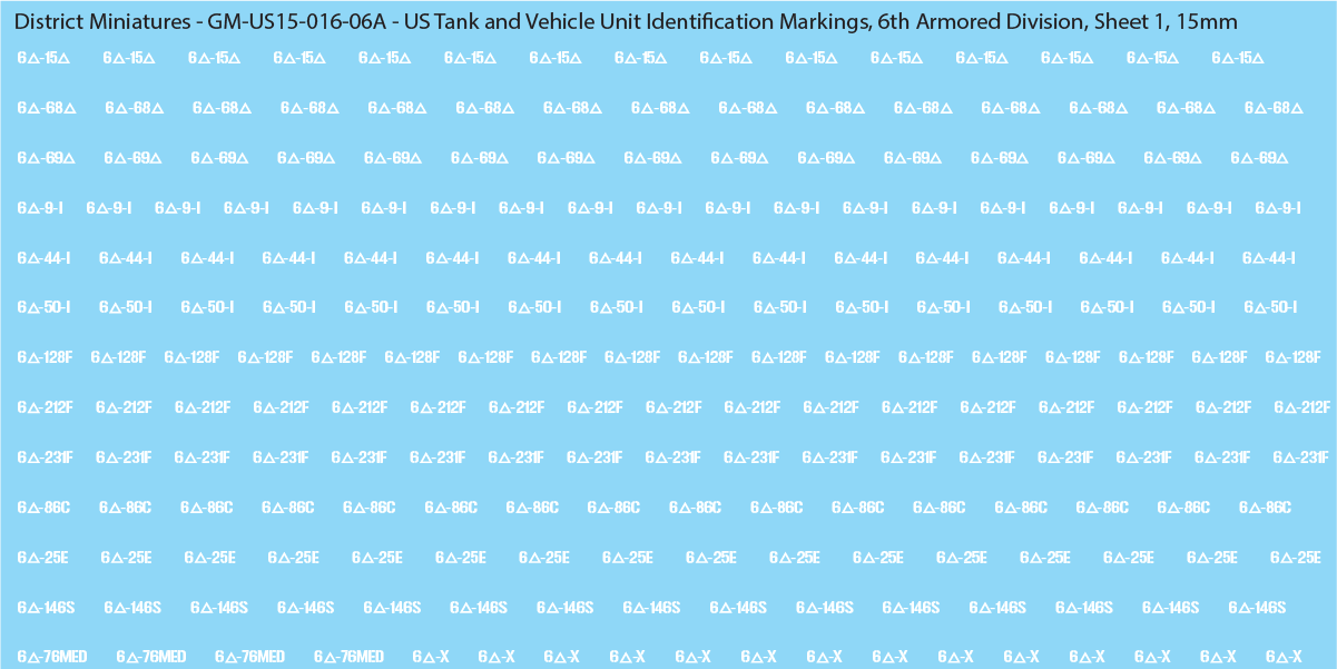 WW2 US - US Tanks and Vehicle Unit Identification Markings, 15mm Decals