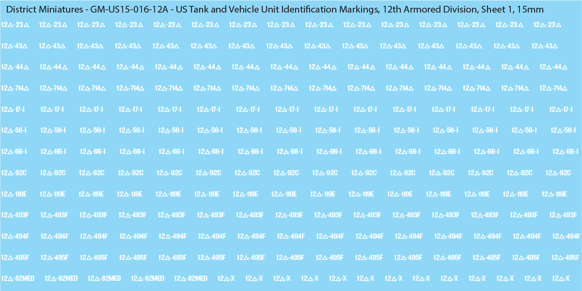 WW2 US - US Tanks and Vehicle Unit Identification Markings, 15mm Decals