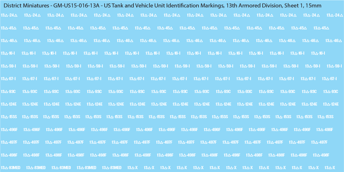 WW2 US - US Tanks and Vehicle Unit Identification Markings, 15mm Decals
