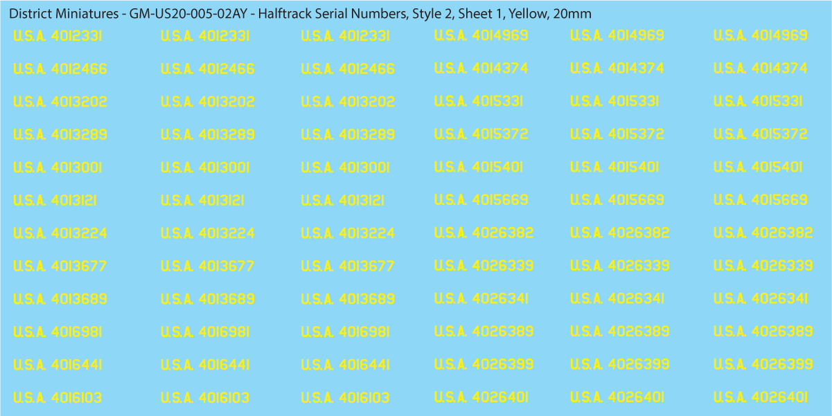 WW2 US Halftrack Vehicle Numbers, 20mm Decals