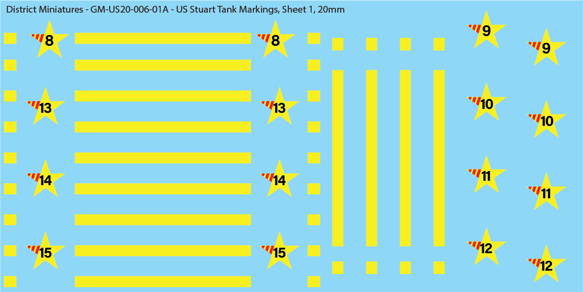 WW2 US Stuart Tank Decals, 20mm Decals