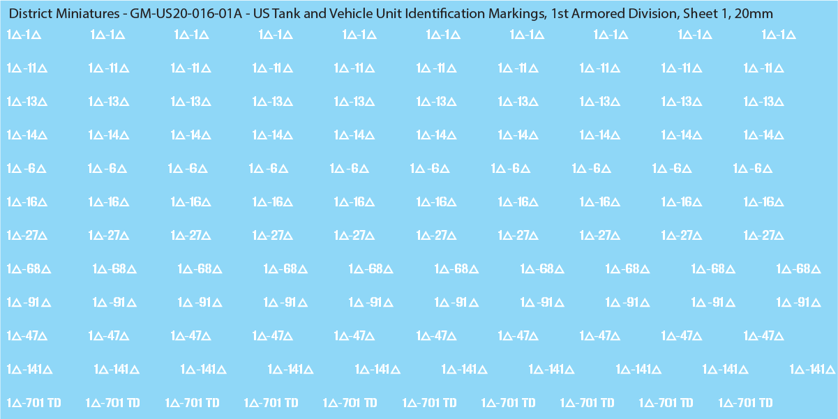 WW2 US - US Tanks and Vehicle Unit Identification Markings, 20mm Decals