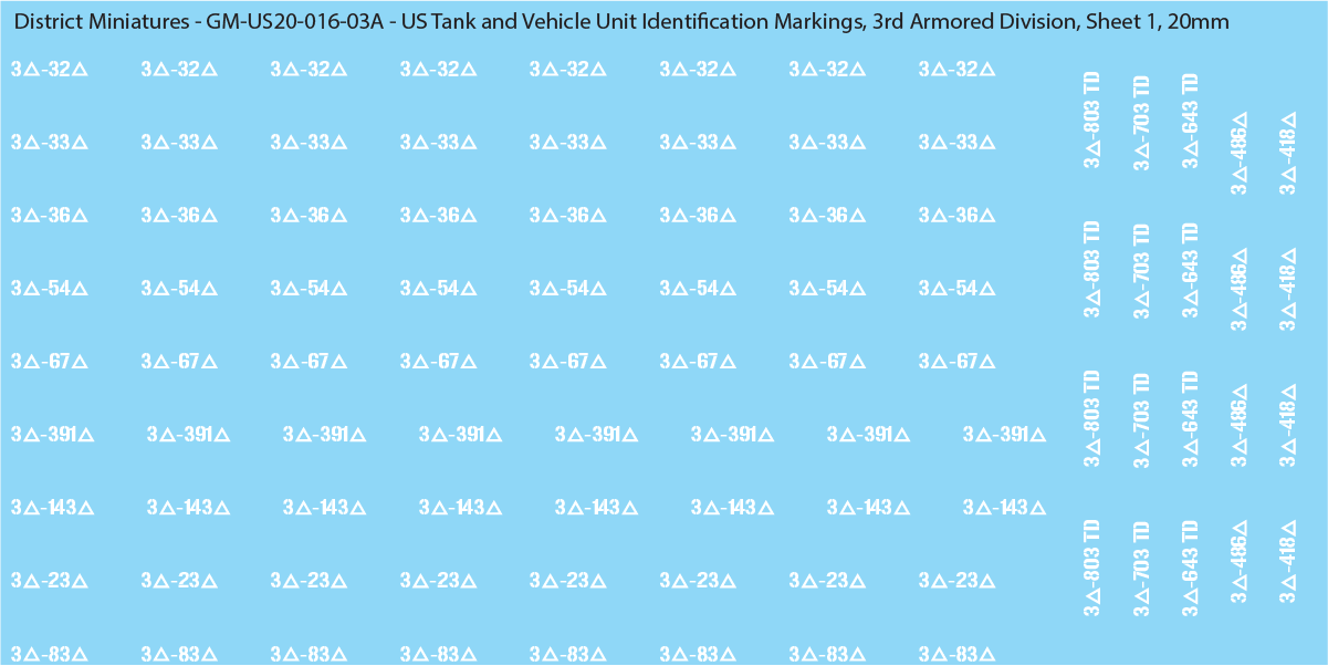 WW2 US - US Tanks and Vehicle Unit Identification Markings, 20mm Decals