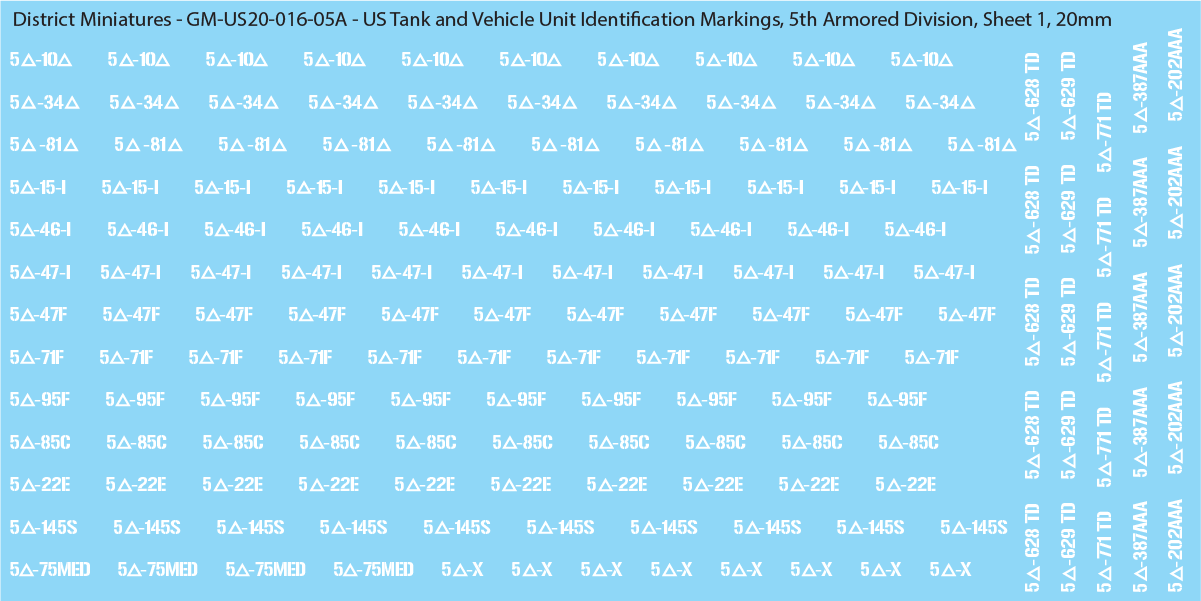 WW2 US - US Tanks and Vehicle Unit Identification Markings, 20mm Decals