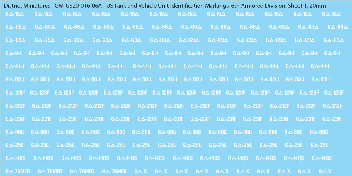WW2 US - US Tanks and Vehicle Unit Identification Markings, 20mm Decals