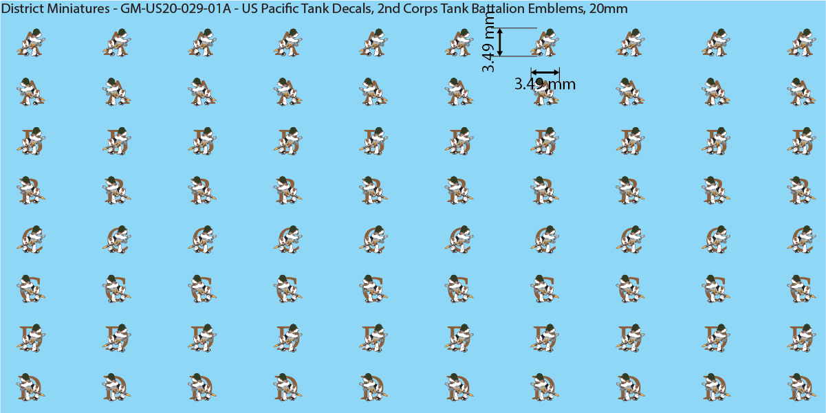 WW2 US Pacific Decals, 2nd Corps Tank Battalion Vehicle Emblems, 20mm Decals