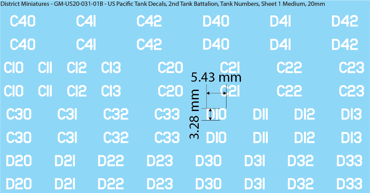 WW2 US Pacific Decals, 2nd Tank Battalion Tank Names and Numbers (Multiple Options), 20mm Decals