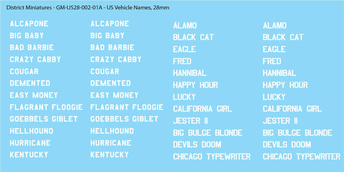 WW2 US Vehicle Names, 28mm Decals
