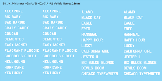 WW2 US Vehicle Names, 28mm Decals