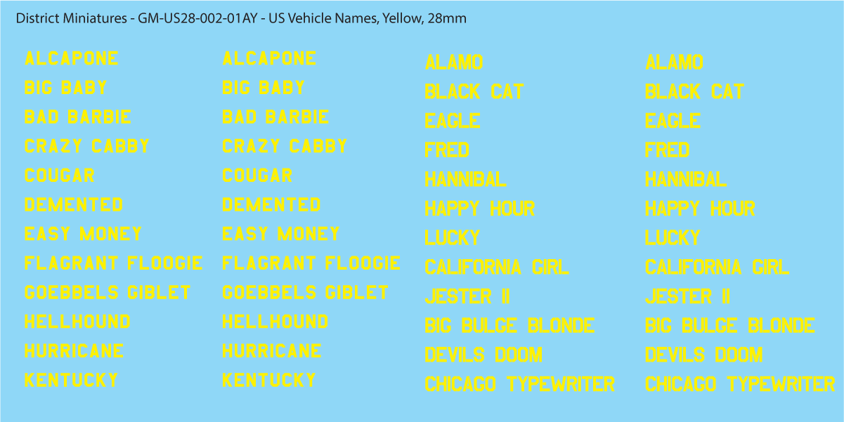 WW2 US Vehicle Names, 28mm Decals