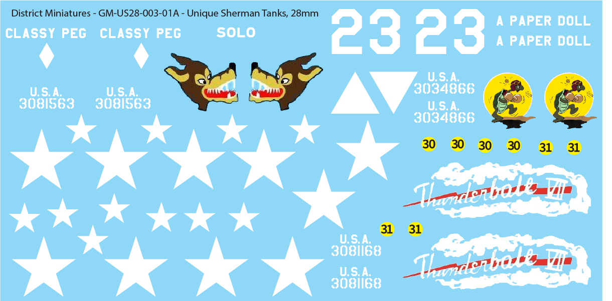 WW2 US Unique Sherman Tanks, 28mm Decals