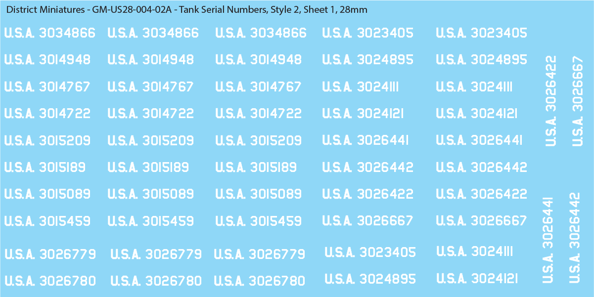 WW2 US Tank Vehicle Numbers, 28mm Decals