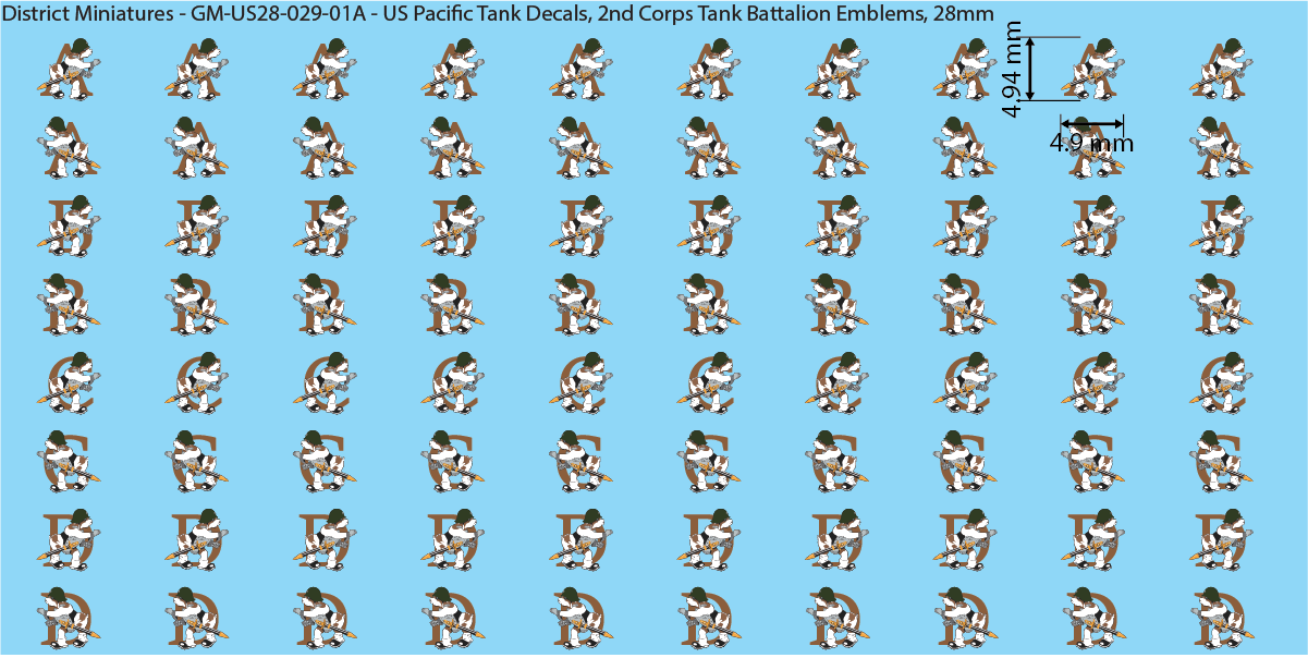 WW2 US Pacific Decals, 2nd Corps Tank Battalion Vehicle Emblems, 28mm Decals