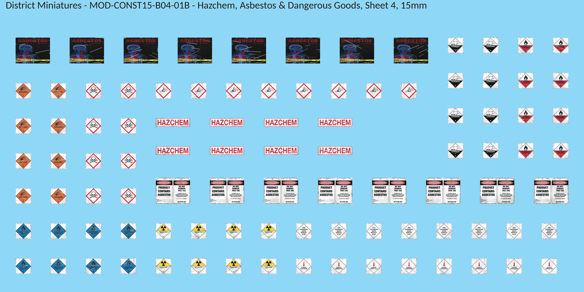 Hazchem, Asbestos & Dangerous Goods, Sheet 4, 15mm decal sheet, weathered finish