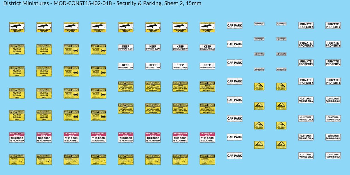 Security & Parking, Sheet 2, 15mm decal sheet, weathered finish