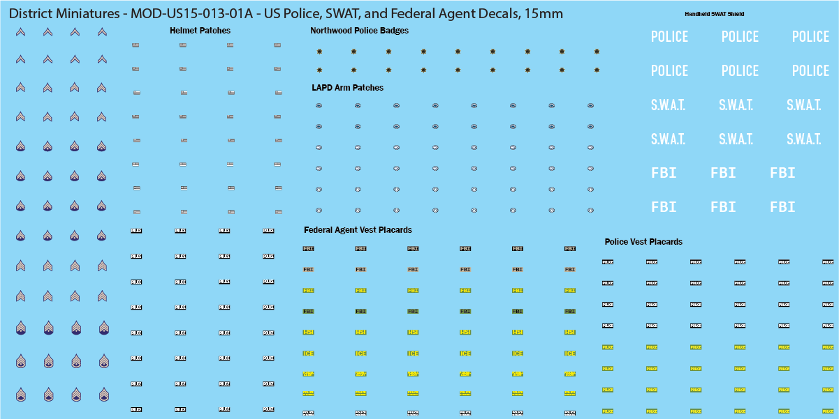 US Police, SWAT, and Federal Agent Decals, 15mm