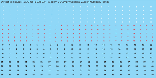 Modern US Cavalry Guidon Numbers and Letters, 15mm Decals