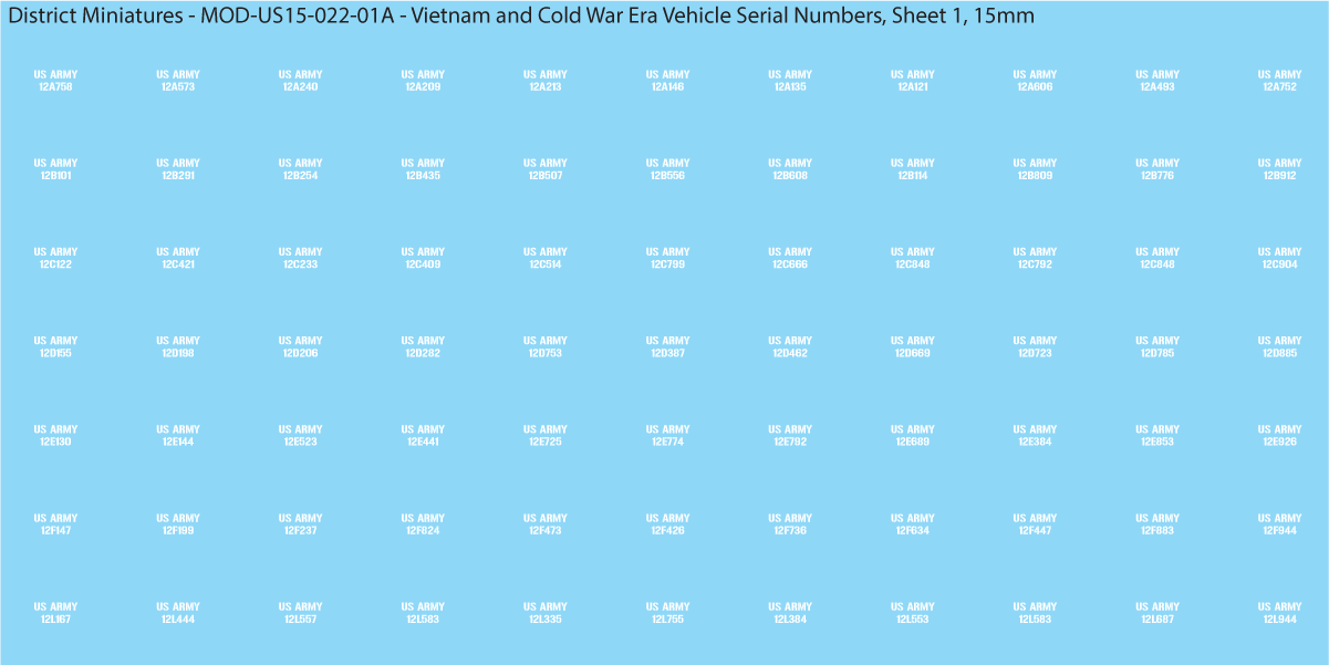 Vietnam and Cold War Era Vehicle Serial Numbers (Multiple Options), 15mm Decals