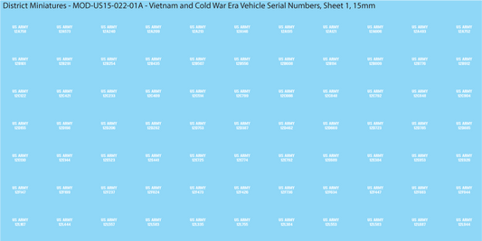 Vietnam and Cold War Era Vehicle Serial Numbers (Multiple Options), 15mm Decals