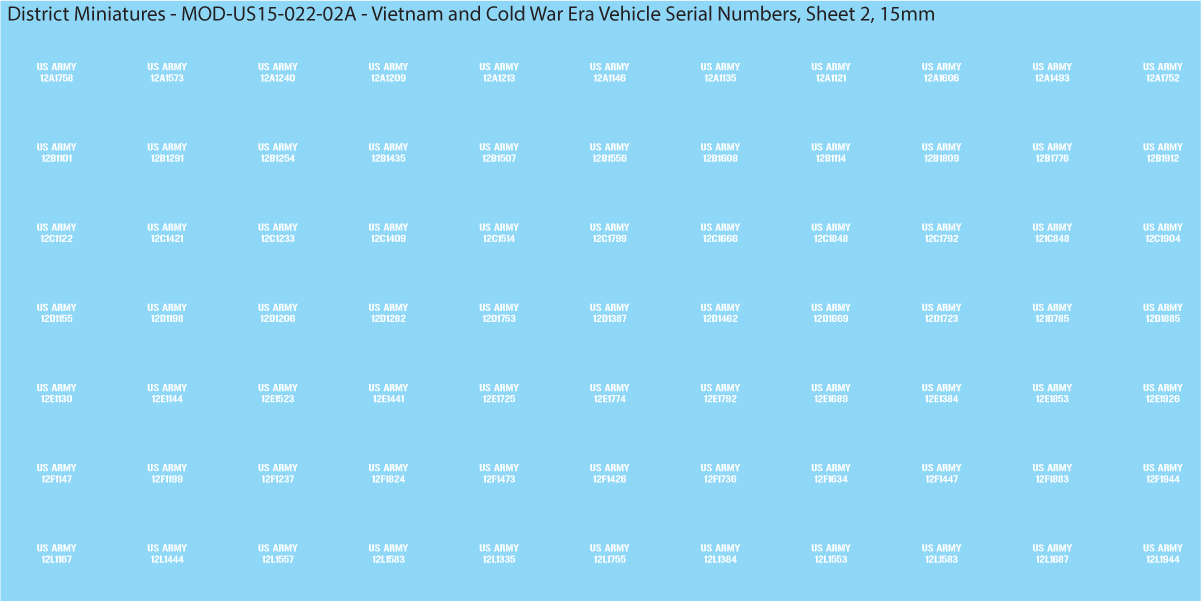 Vietnam and Cold War Era Vehicle Serial Numbers (Multiple Options), 15mm Decals