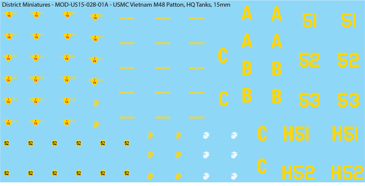 USMC Vietnam M48 Patton Battalion & Company Markings (Multiple Options), 15mm Decals