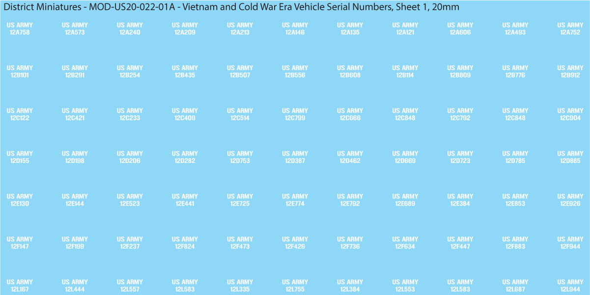 Vietnam and Cold War Era Vehicle Serial Numbers (Multiple Options), 20mm Decals