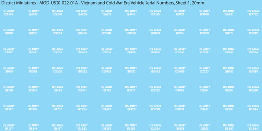 Vietnam and Cold War Era Vehicle Serial Numbers (Multiple Options), 20mm Decals
