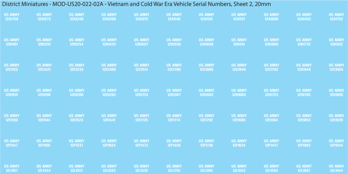 Vietnam and Cold War Era Vehicle Serial Numbers (Multiple Options), 20mm Decals