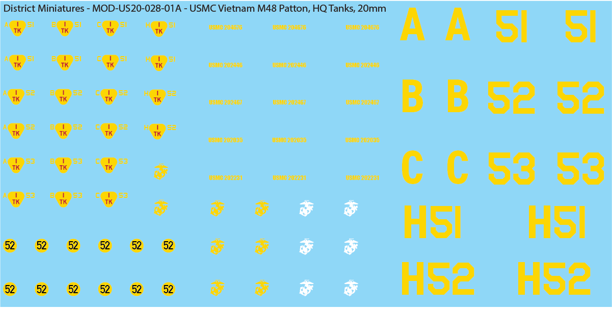 USMC Vietnam M48 Patton Battalion & Company Markings (Multiple Options), 20mm Decals