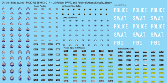 US Police, SWAT, and Federal Agent Decals, 28mm