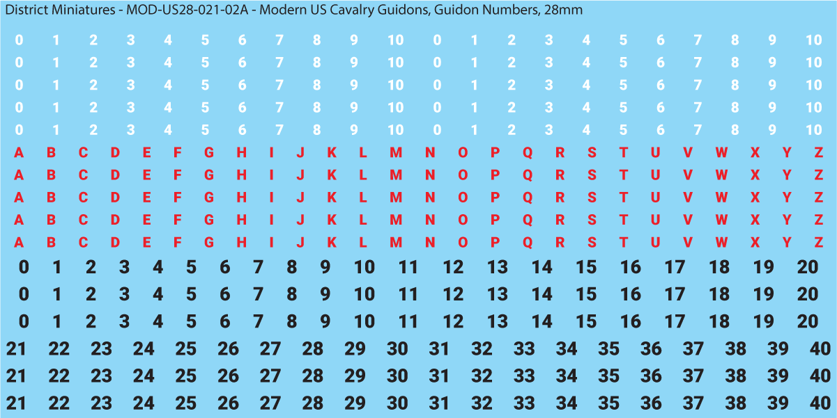 Modern US Cavalry Guidon Numbers and Letters, 28mm Decals