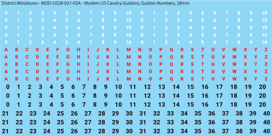 Modern US Cavalry Guidon Numbers and Letters, 28mm Decals