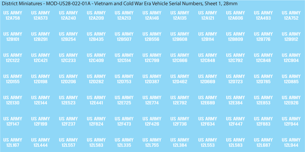 Vietnam and Cold War Era Vehicle Serial Numbers (Multiple Options), 28mm Decals