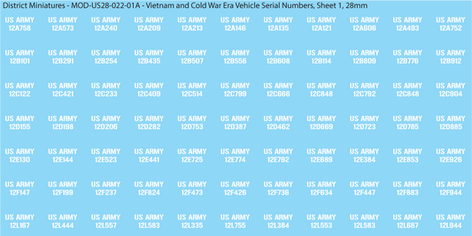 Vietnam and Cold War Era Vehicle Serial Numbers (Multiple Options), 28mm Decals