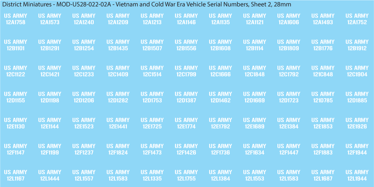 Vietnam and Cold War Era Vehicle Serial Numbers (Multiple Options), 28mm Decals