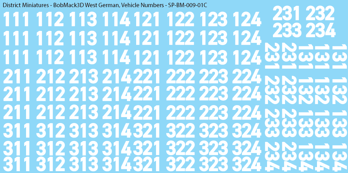 BobMack3D West German - Vehicle Numbers 28mm Decals