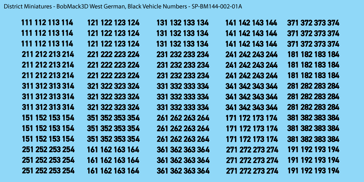 BobMack3D West German - Vehicle Numbers 1/144 Decals