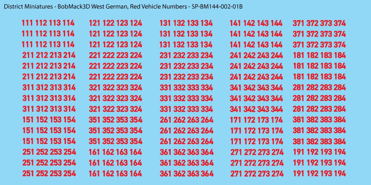 BobMack3D West German - Vehicle Numbers 1/144 Decals