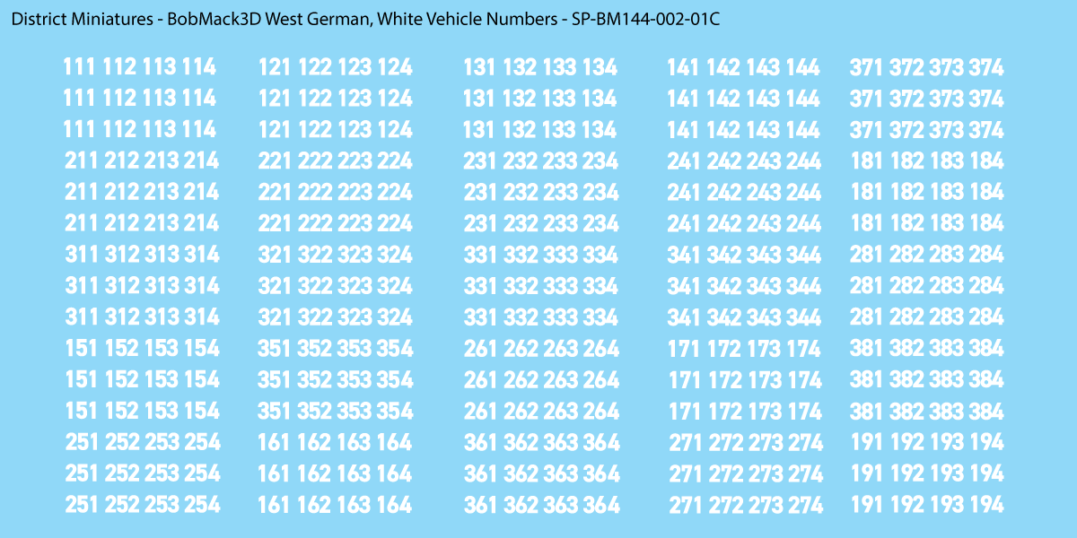 BobMack3D West German - Vehicle Numbers 1/144 Decals