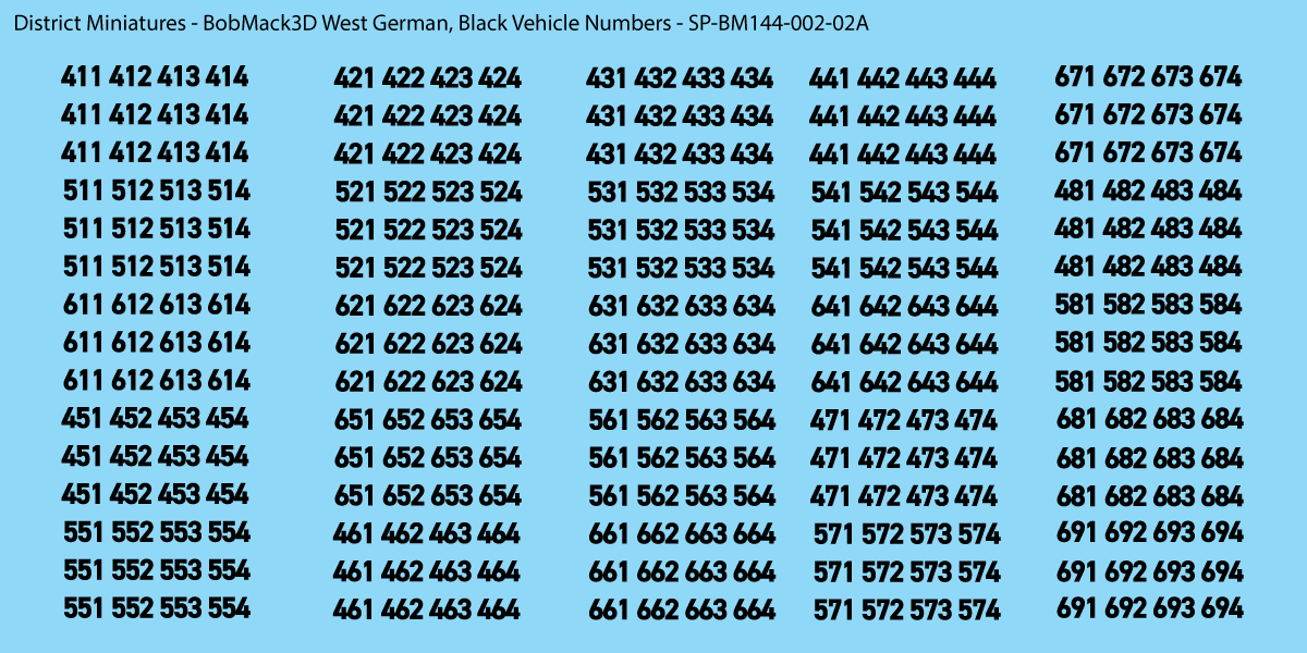 BobMack3D West German - Vehicle Numbers 1/144 Decals