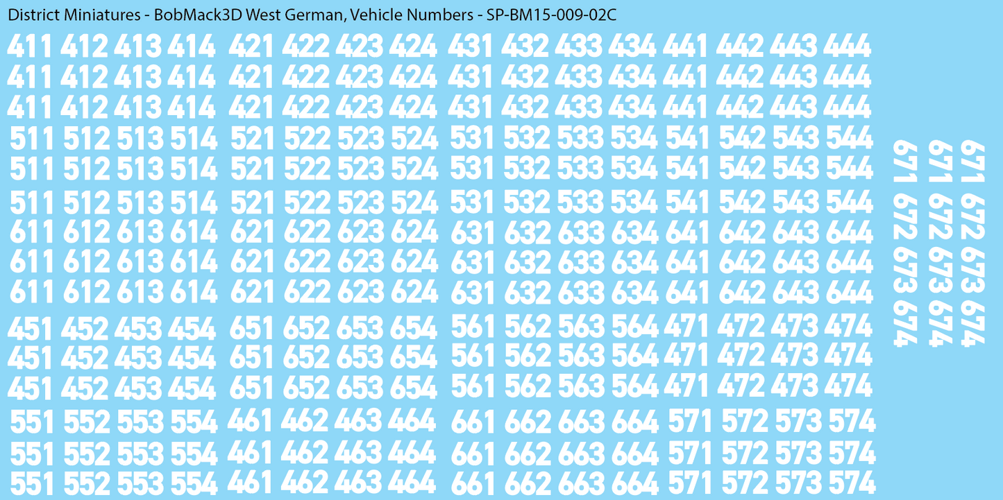 BobMack3D West German - Vehicle Numbers 15mm Decals